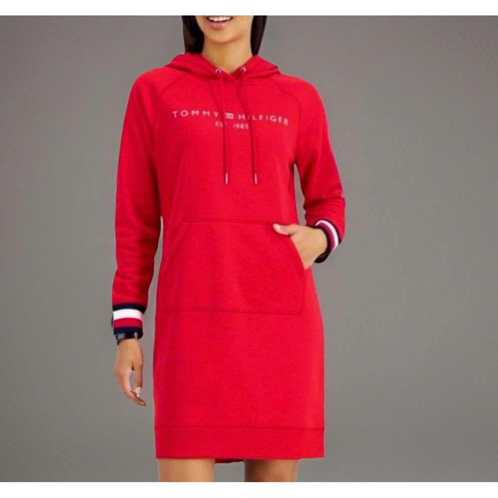 Tommy‎ Hilfiger Logo Hoodie Sweatshirt Dress Size M Red Cozy Streetwear Comfort